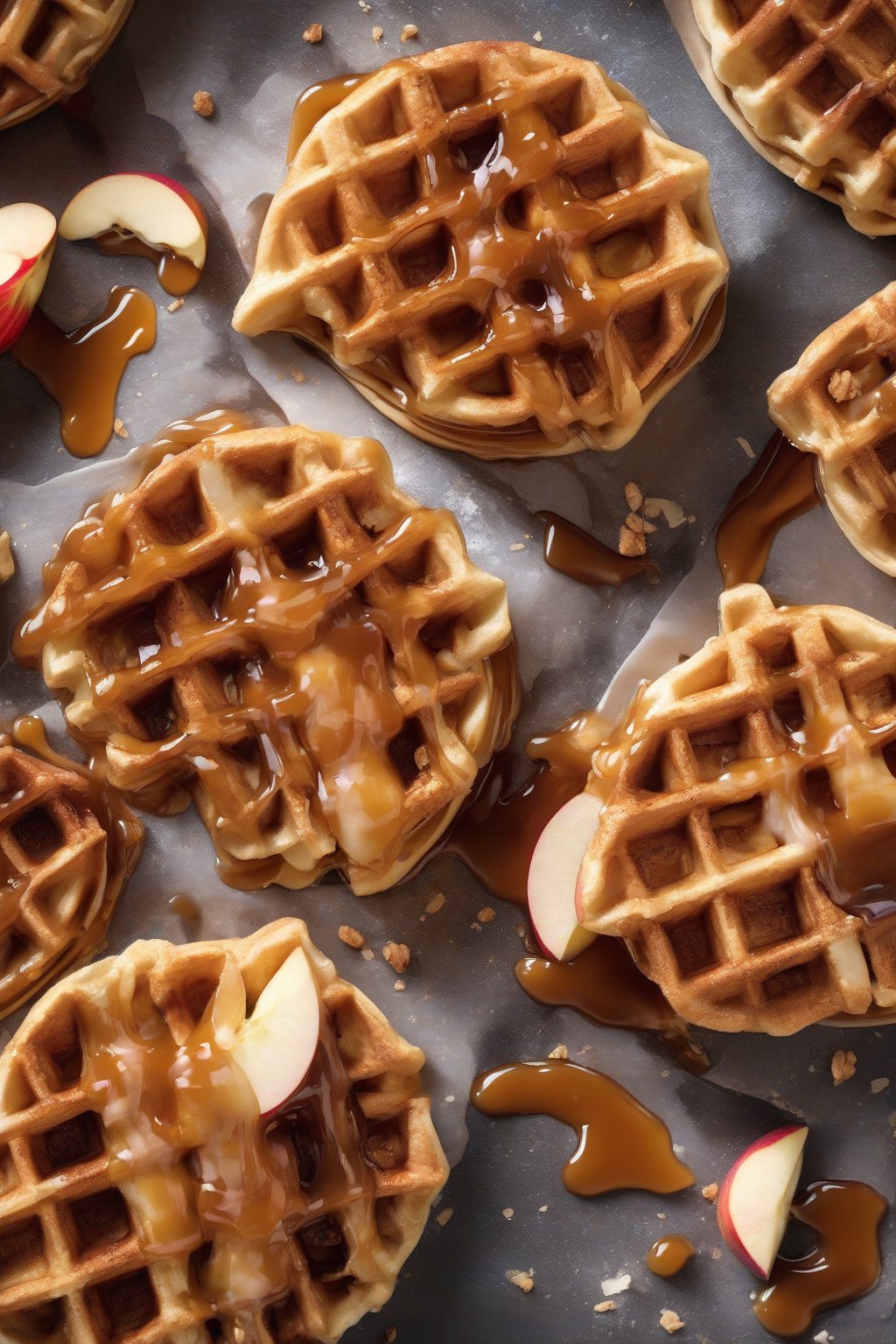 A high-resolution photo of thick apple pie Belgian waffles with cinnamon crumble and caramel drizzle under soft lighting.