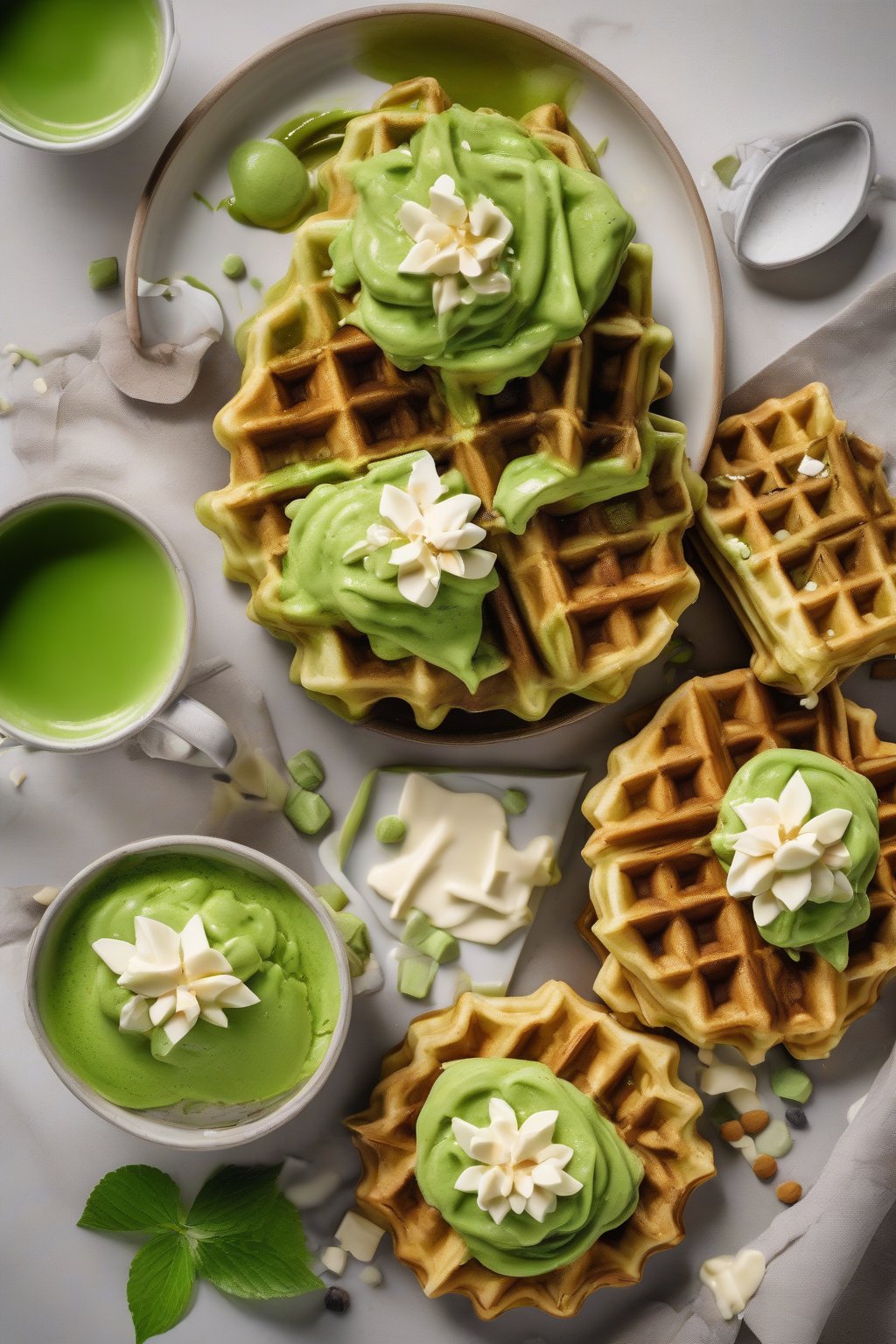 A high-resolution photo of vibrant green matcha thick Belgian waffles with white chocolate shavings under soft lighting.