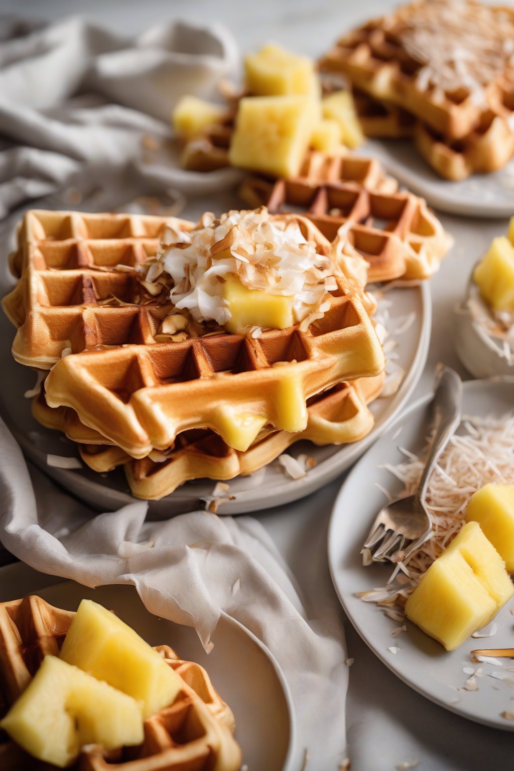 A high-resolution photo of thick coconut Belgian waffles topped with pineapple and toasted coconut under soft lighting.