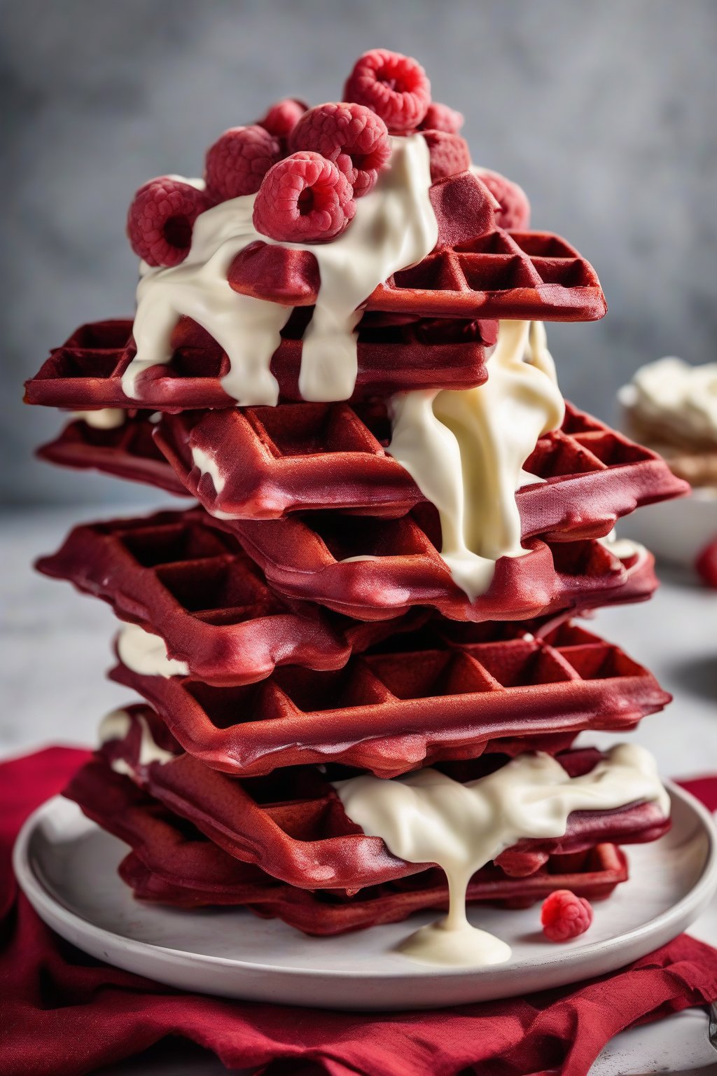 A high-resolution photo of red velvet thick Belgian waffles stacked with cream cheese frosting under soft lighting.