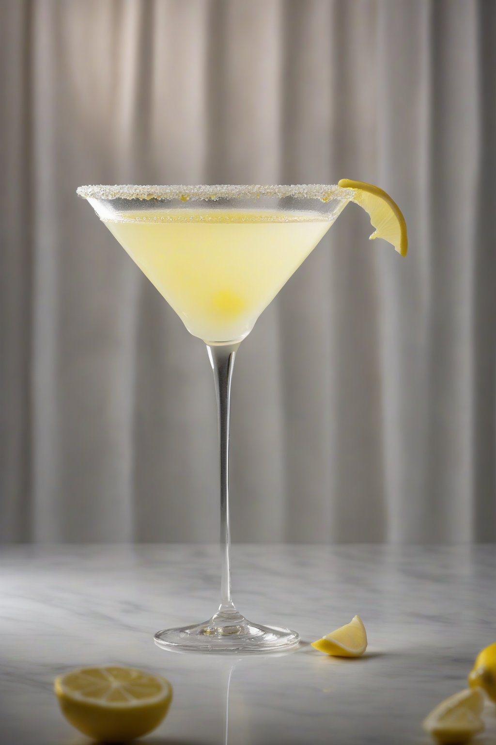 A high-resolution photo of a classic tart lemon drop martini in a sugar-rimmed glass with a lemon twist garnish, under soft lighting.