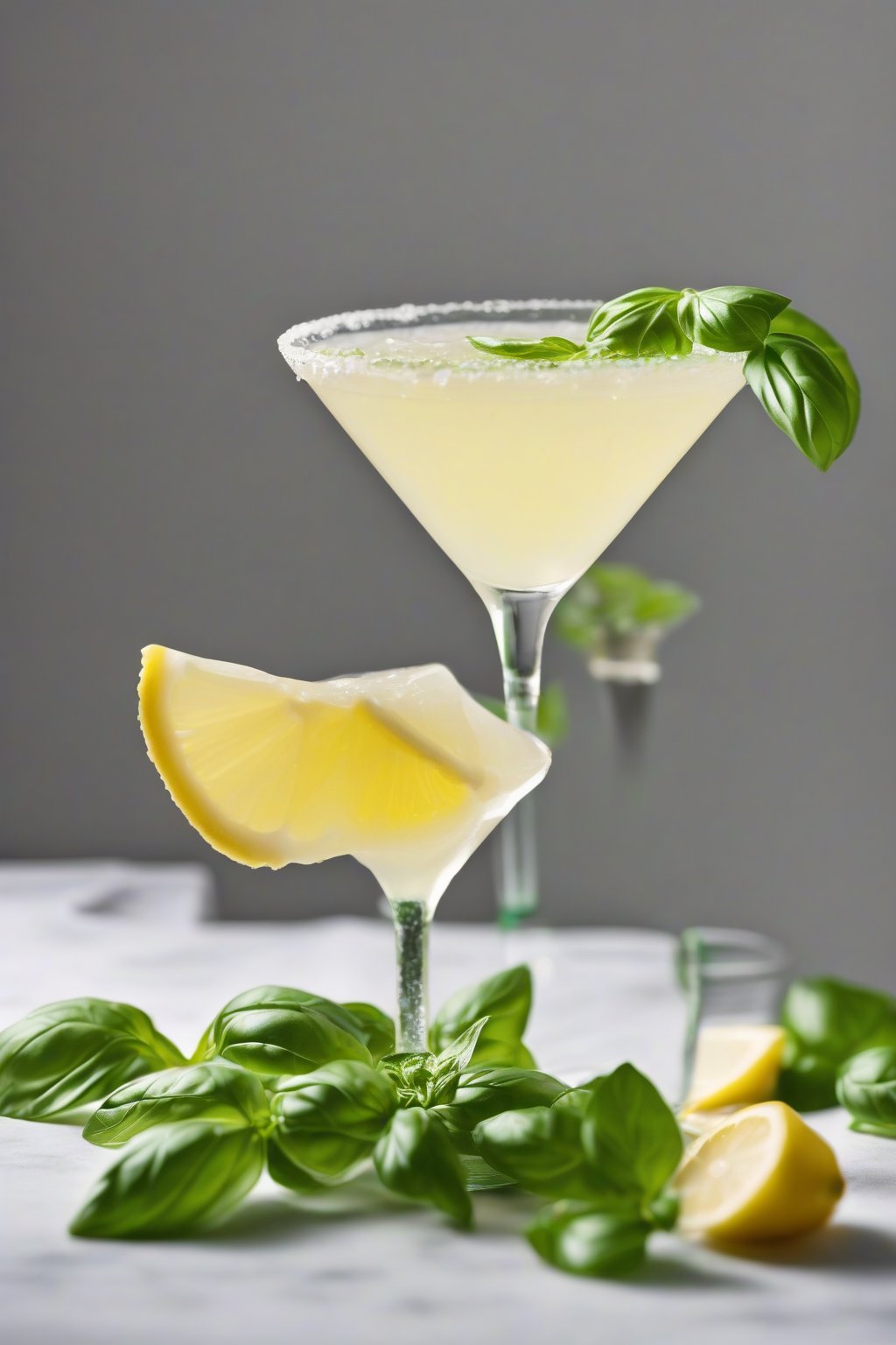 A high-resolution photo of a basil-infused tart lemon drop martini garnished with a basil leaf and lemon wheel, under soft lighting.