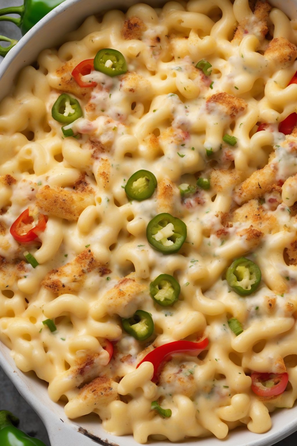 A high-resolution photo of jalapeño popper mac and cheese with sliced peppers on top under soft lighting.