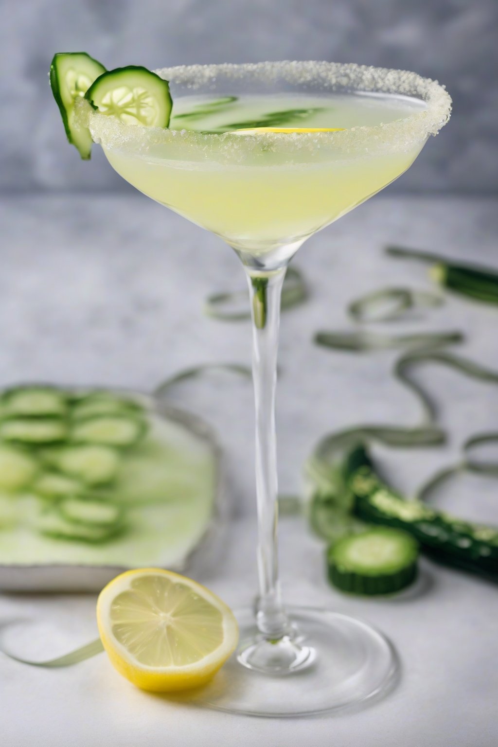 A high-resolution photo of a cucumber tart lemon drop martini with a floating cucumber ribbon, under soft lighting.