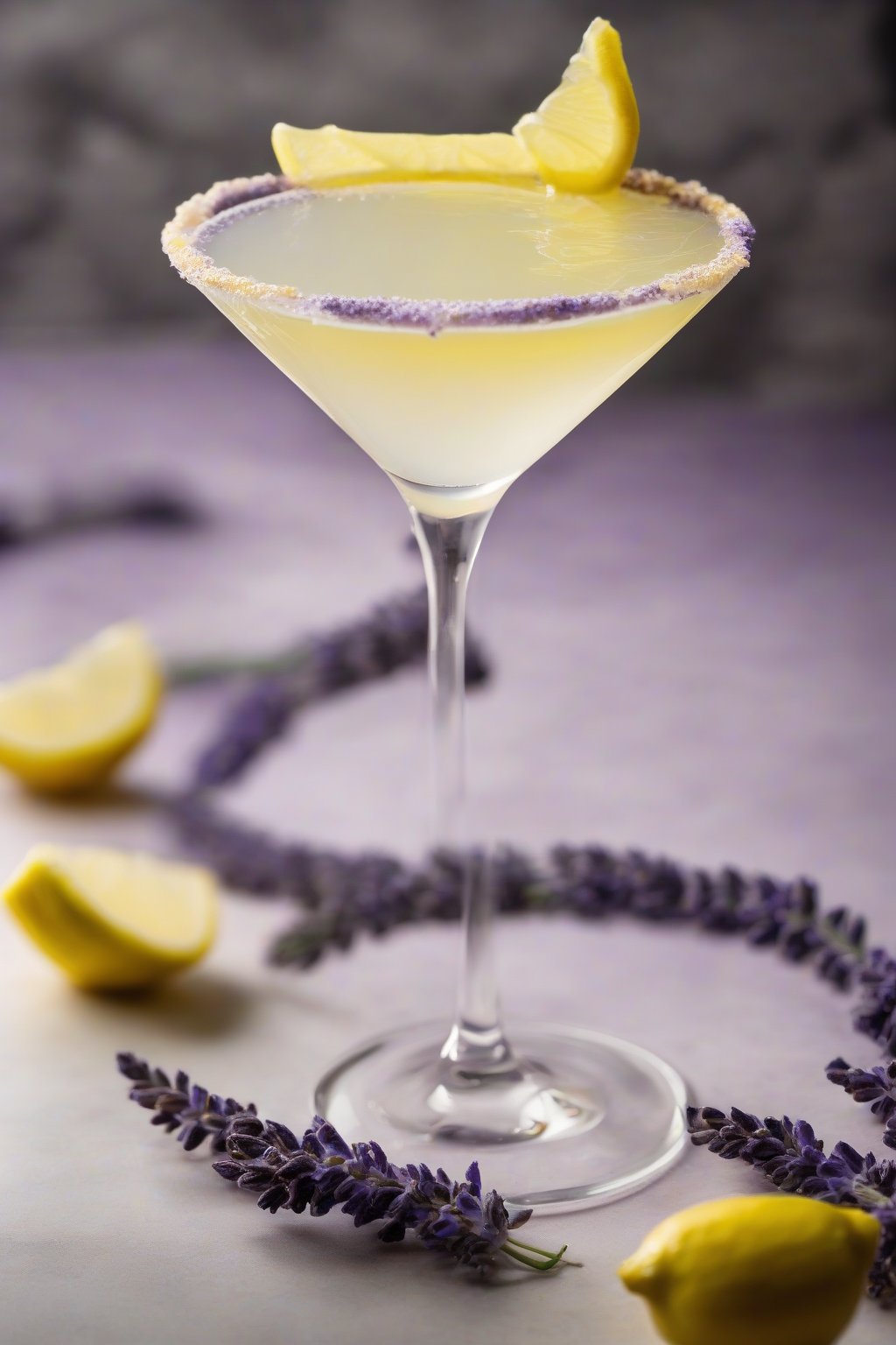 A high-resolution photo of a lavender tart lemon drop martini with a twisted lemon peel, under soft lighting.