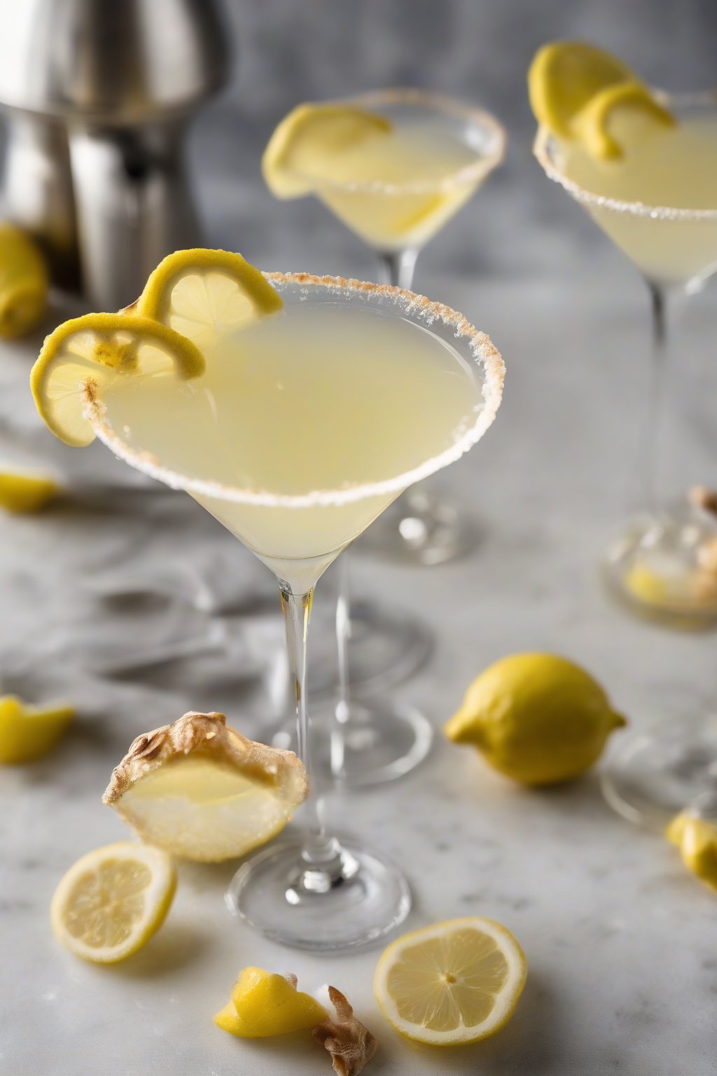 A high-resolution photo of a ginger tart lemon drop martini topped with candied ginger, under soft lighting.