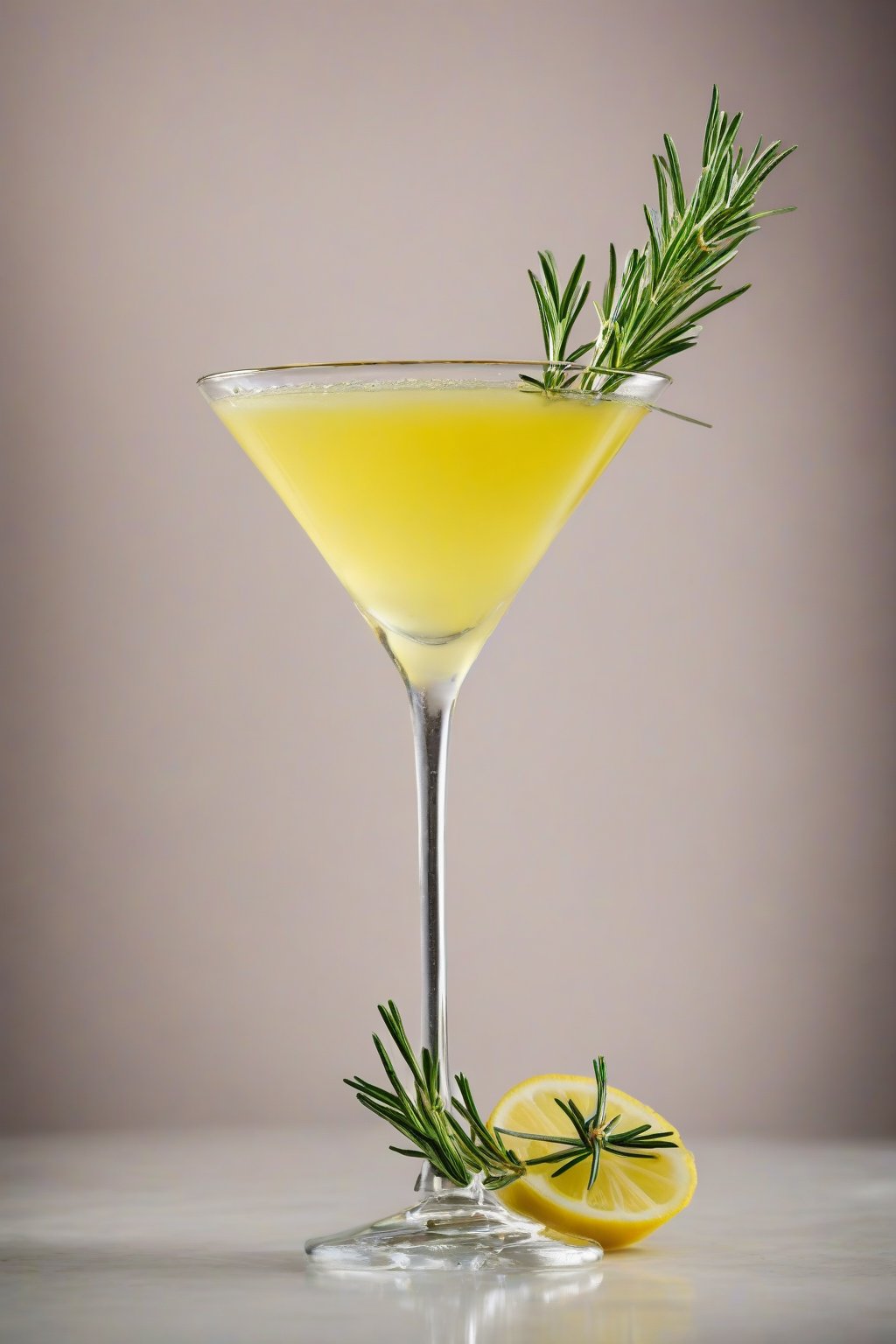 A high-resolution photo of a rosemary tart lemon drop martini with a sprig garnish, under soft lighting.