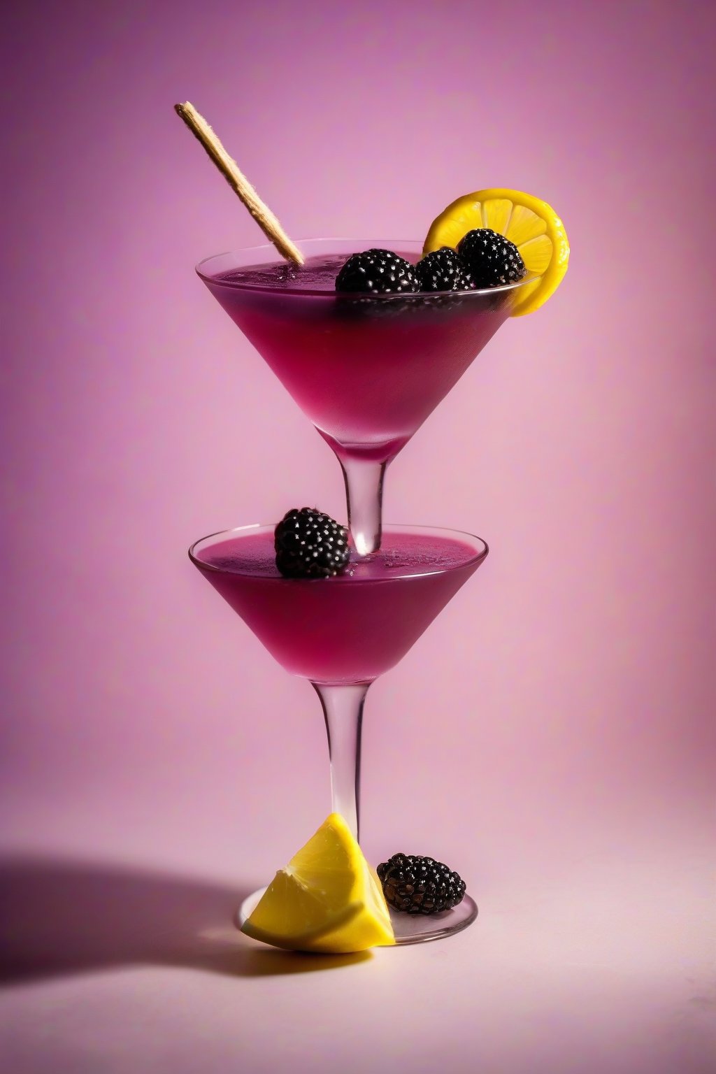 A high-resolution photo of a blackberry tart lemon drop martini with a skewered blackberry garnish, under soft lighting.