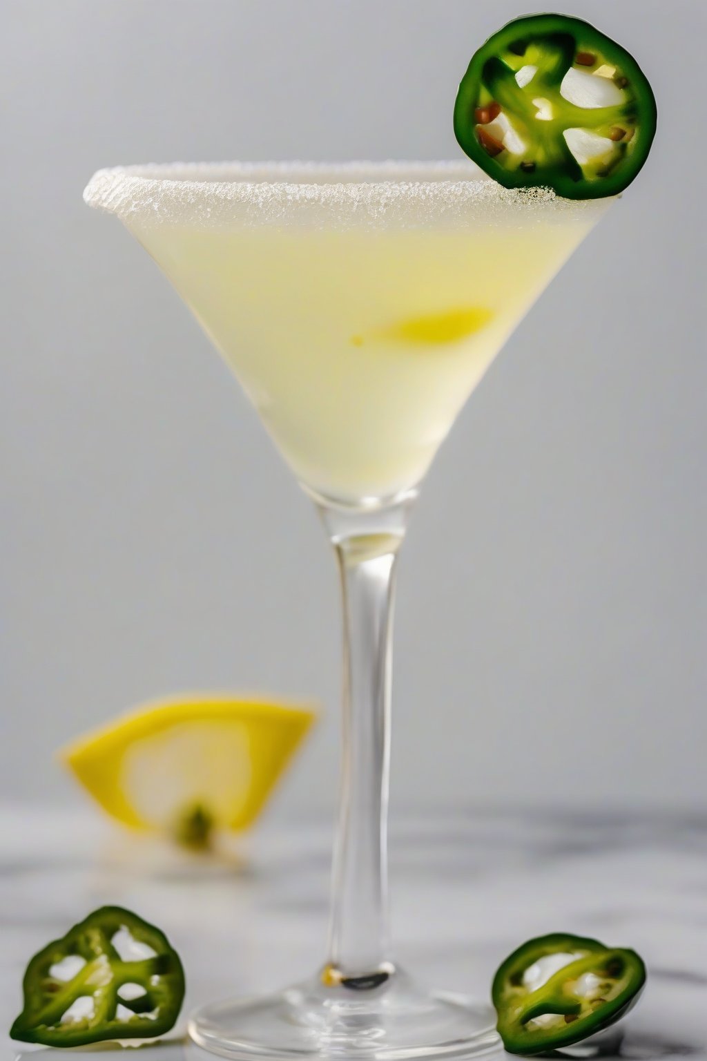 A high-resolution photo of a jalapeño tart lemon drop martini with a floating jalapeño slice, under soft lighting.