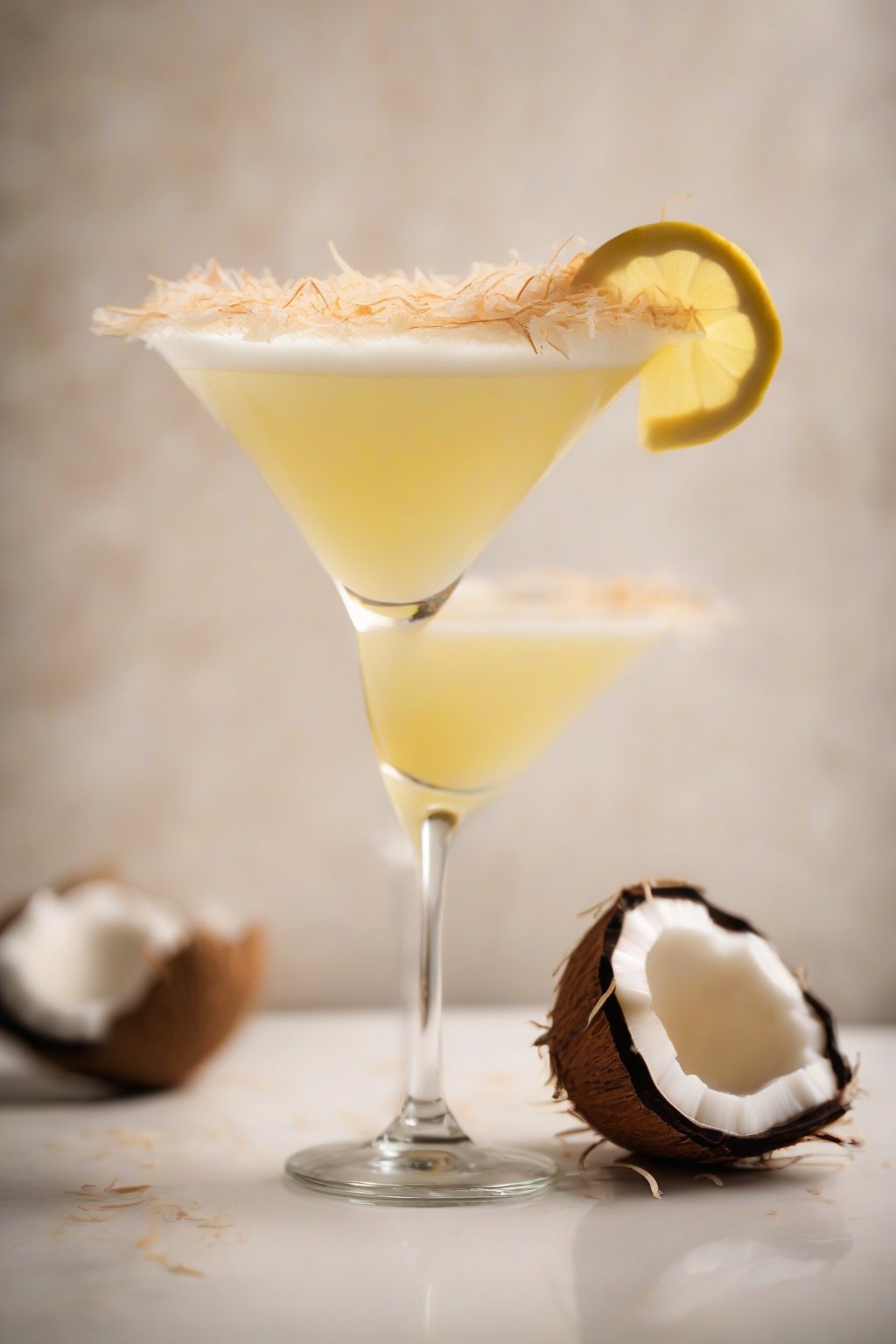 A high-resolution photo of a coconut tart lemon drop martini with toasted coconut rim, under soft lighting.