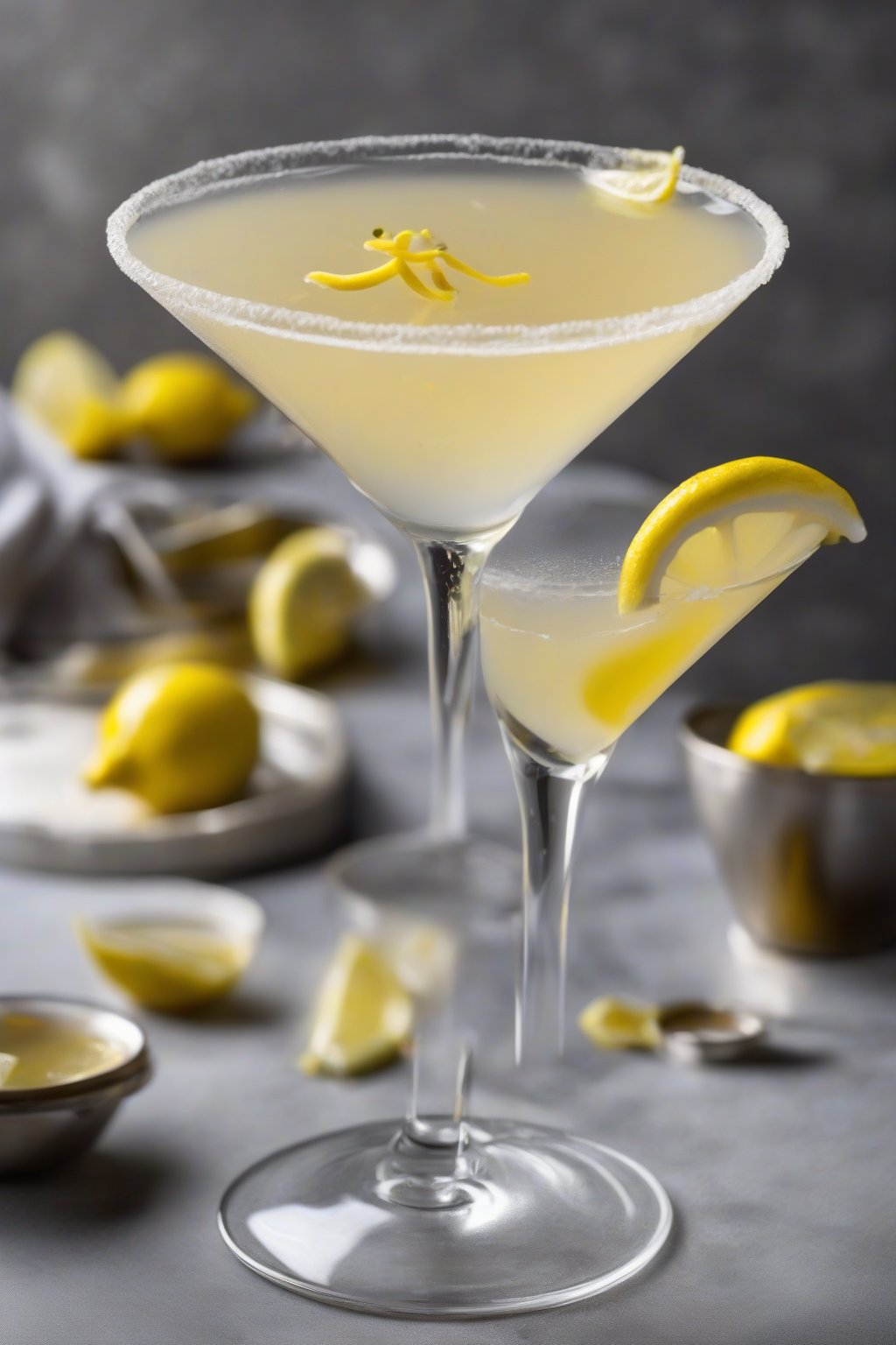 A high-resolution photo of an Earl Grey tart lemon drop martini with a lemon twist, under soft lighting.