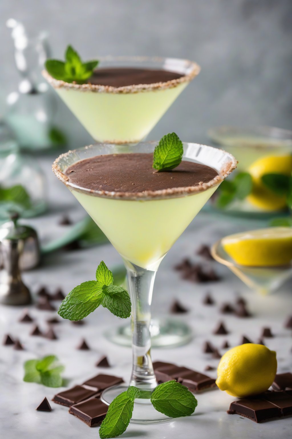 A high-resolution photo of a mint chocolate tart lemon drop martini garnished with a mint sprig, under soft lighting.