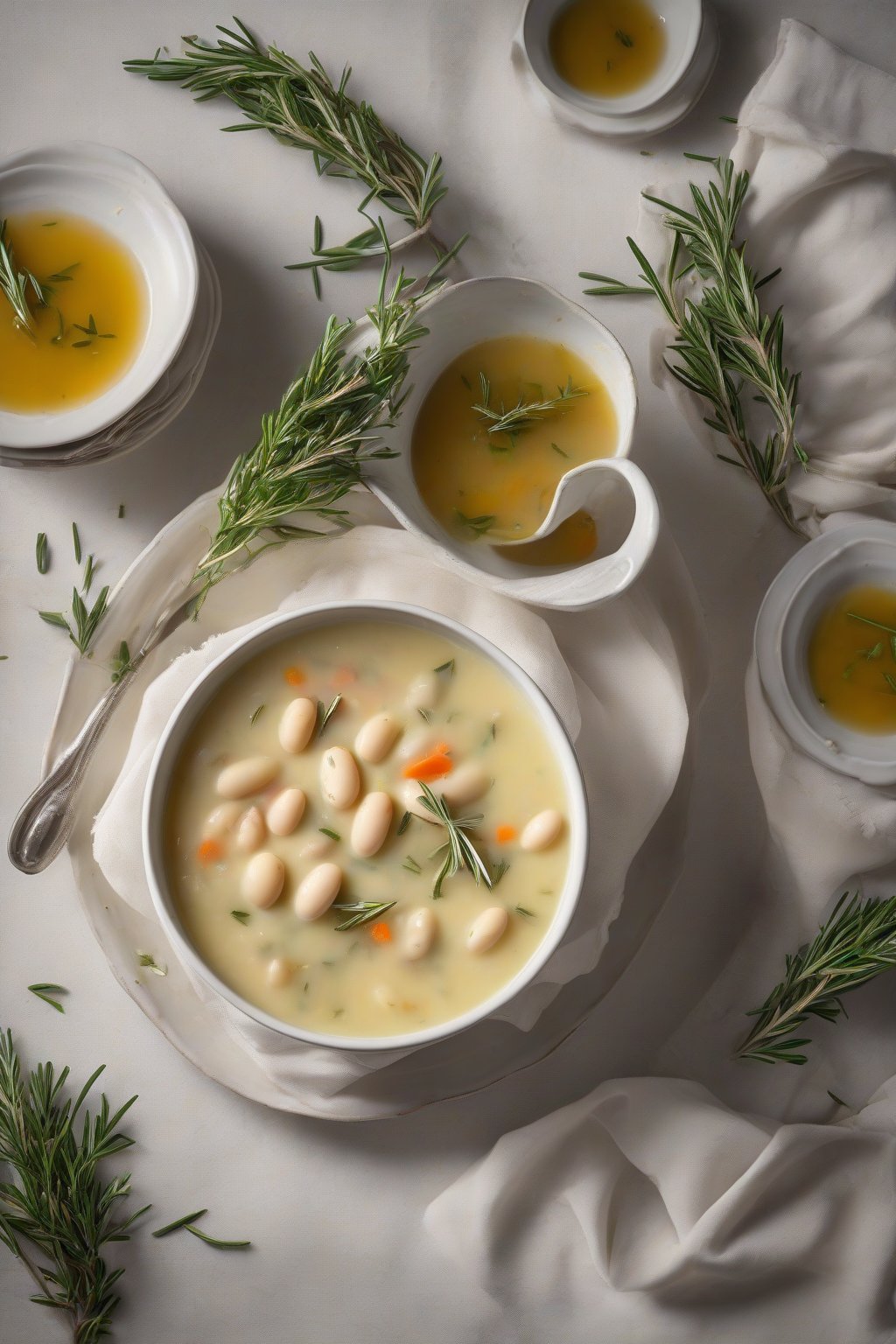 A high-resolution photo of a steaming bowl of creamy butter bean soup garnished with rosemary sprigs, under soft lighting.