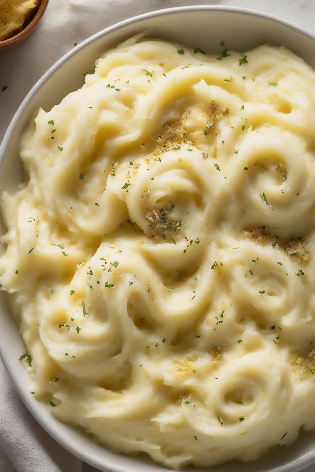 A high-resolution photo of garlic Parmesan mashed potatoes swirled with golden cheese flecks under soft lighting.