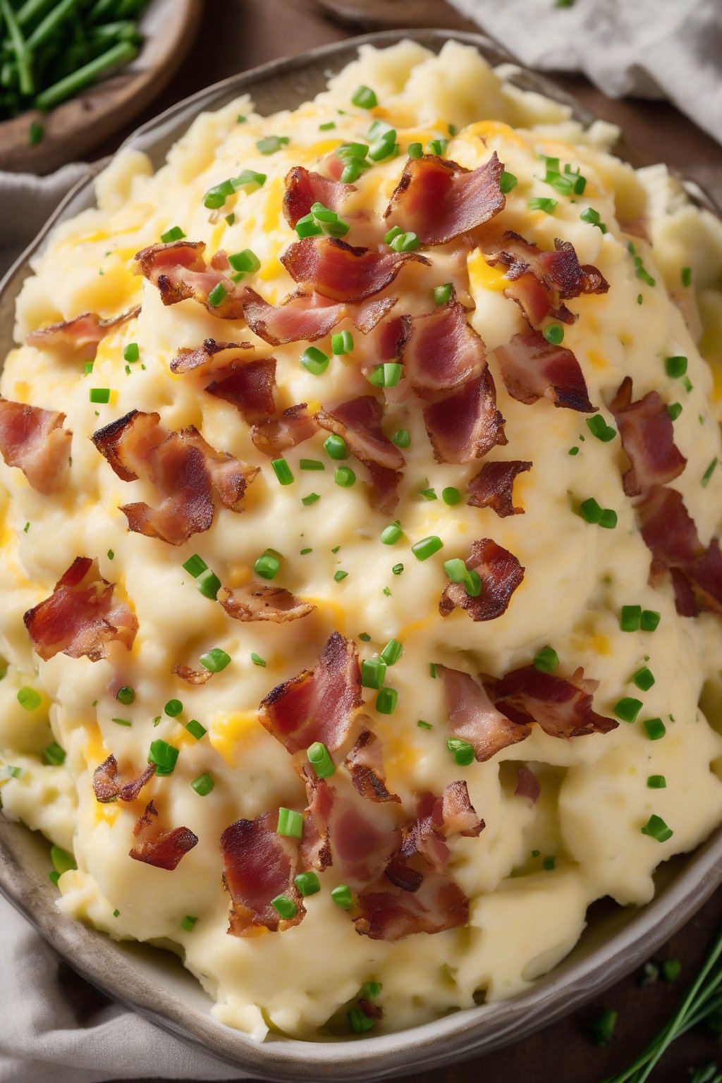 A high-resolution photo of loaded mashed potatoes piled high with bacon bits, cheese, and chives under soft lighting.