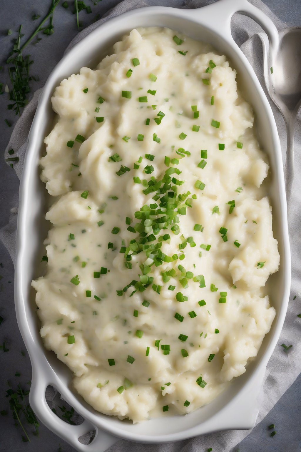 A high-resolution photo of creamy cauliflower mashed potatoes garnished with chives under soft lighting.