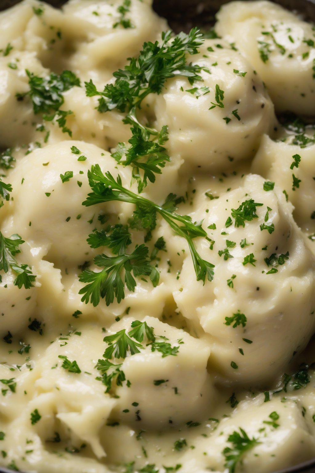 A high-resolution photo of truffle mashed potatoes drizzled with oil and parsley sprigs under soft lighting.