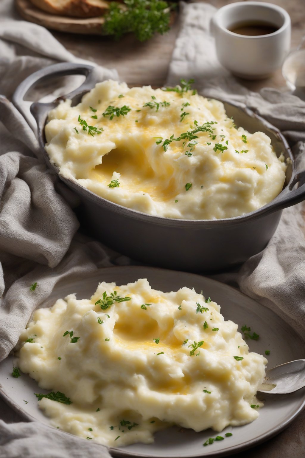 A high-resolution photo of cheesy mashed potatoes oozing with melted ricotta under soft lighting.