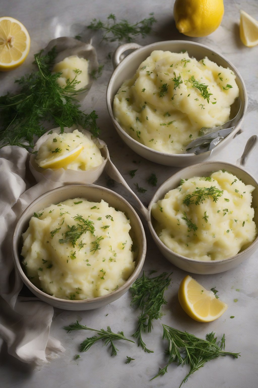 A high-resolution photo of herb-flecked velvety mashed potatoes with lemon zest under soft lighting.
