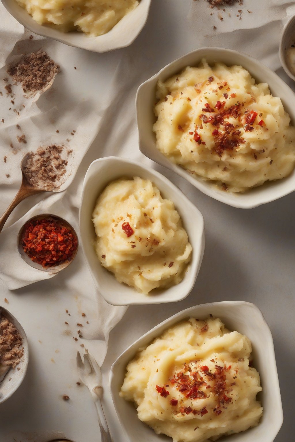 A high-resolution photo of chipotle mashed potatoes with red pepper flecks under soft lighting.
