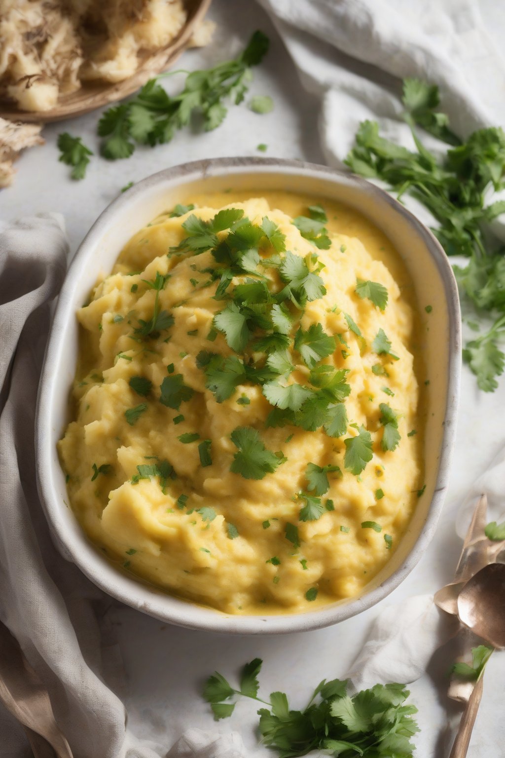 A high-resolution photo of golden coconut curry mashed potatoes topped with cilantro under soft lighting.