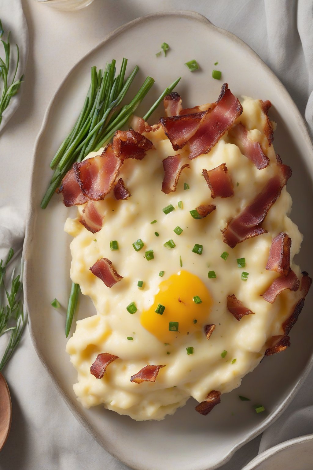 A high-resolution photo of bacon and chive mashed potatoes with cheddar melt under soft lighting.