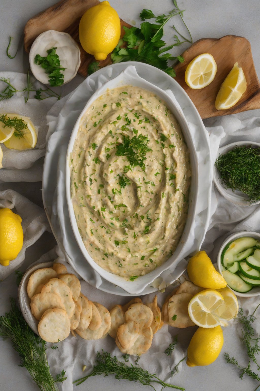 A high-resolution photo of a bowl of smooth garlic butter bean dip topped with lemon zest and herbs, surrounded by veggie dippers, under soft lighting.