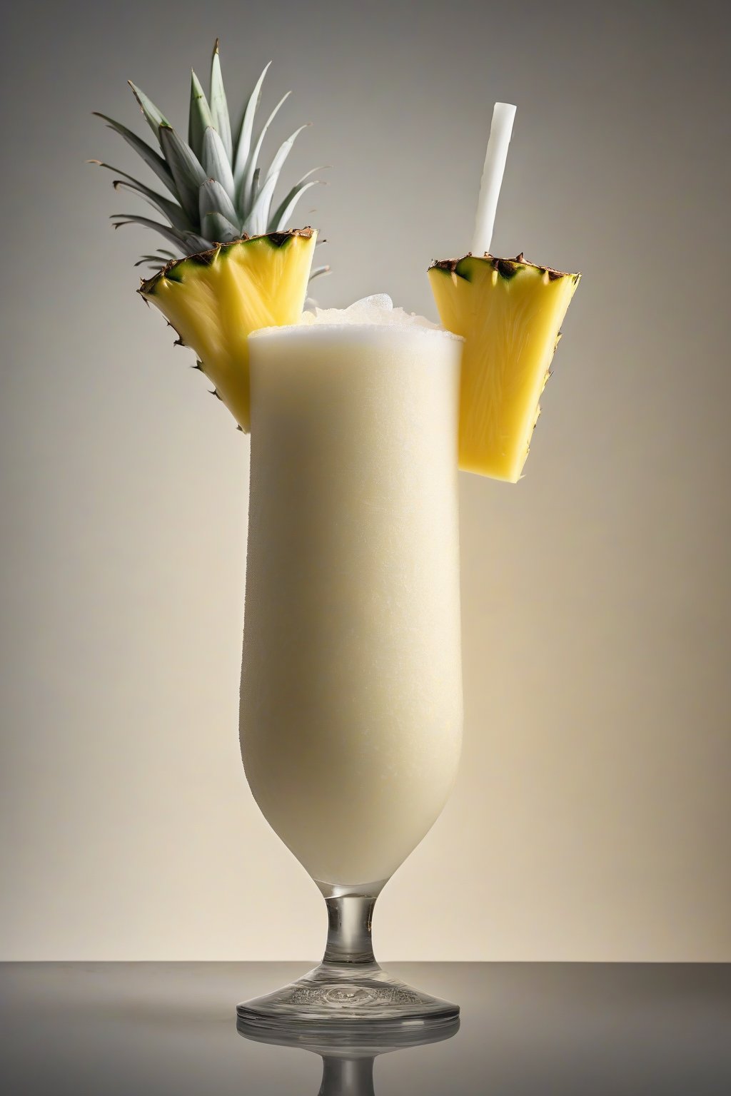 A high-resolution photo of a frosty classic piña colada in a tall glass with a pineapple wedge garnish, condensation dripping down the side under soft lighting.