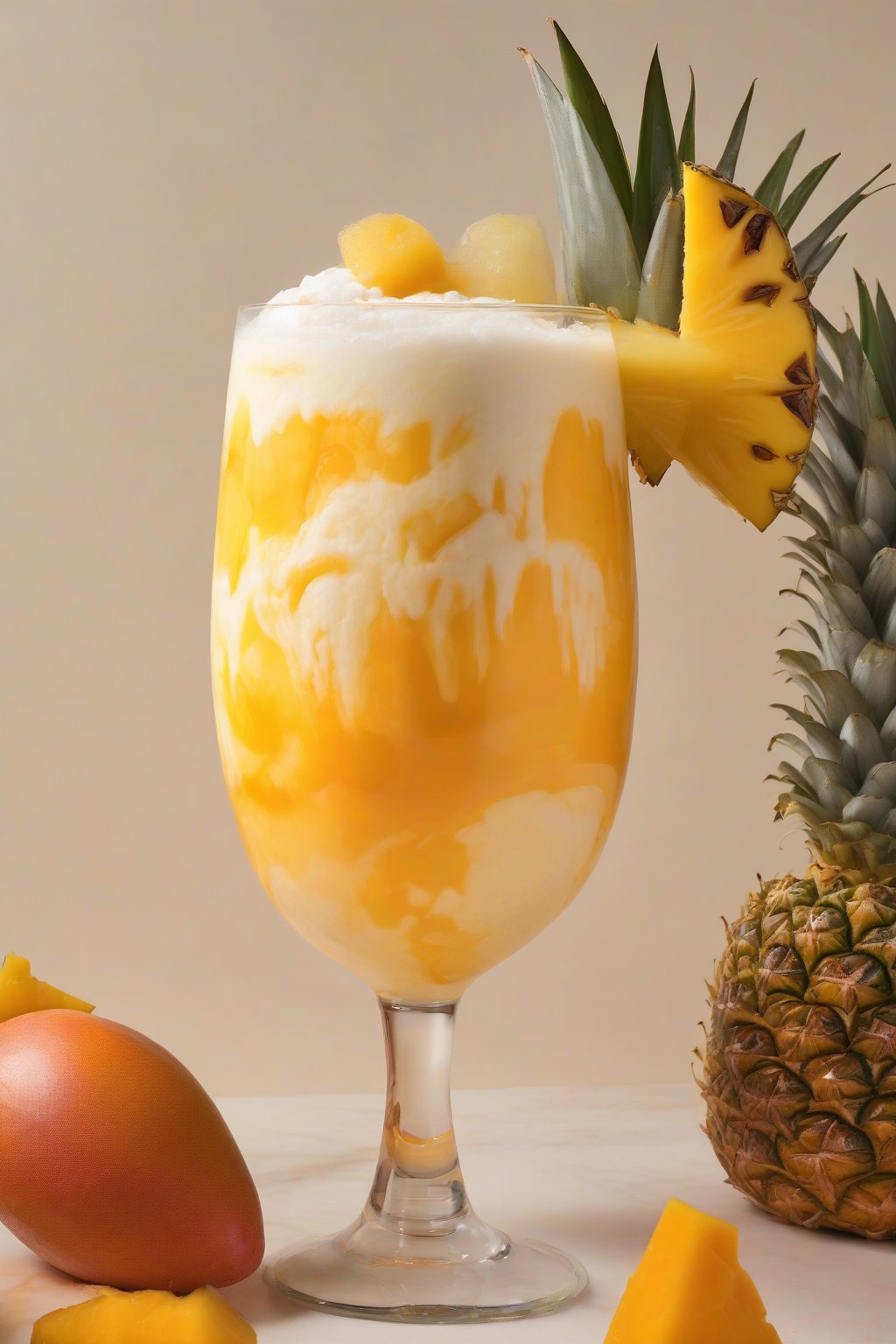 A high-resolution photo of a bright orange mango piña colada swirled with pineapple layers in a chilled glass under soft lighting.