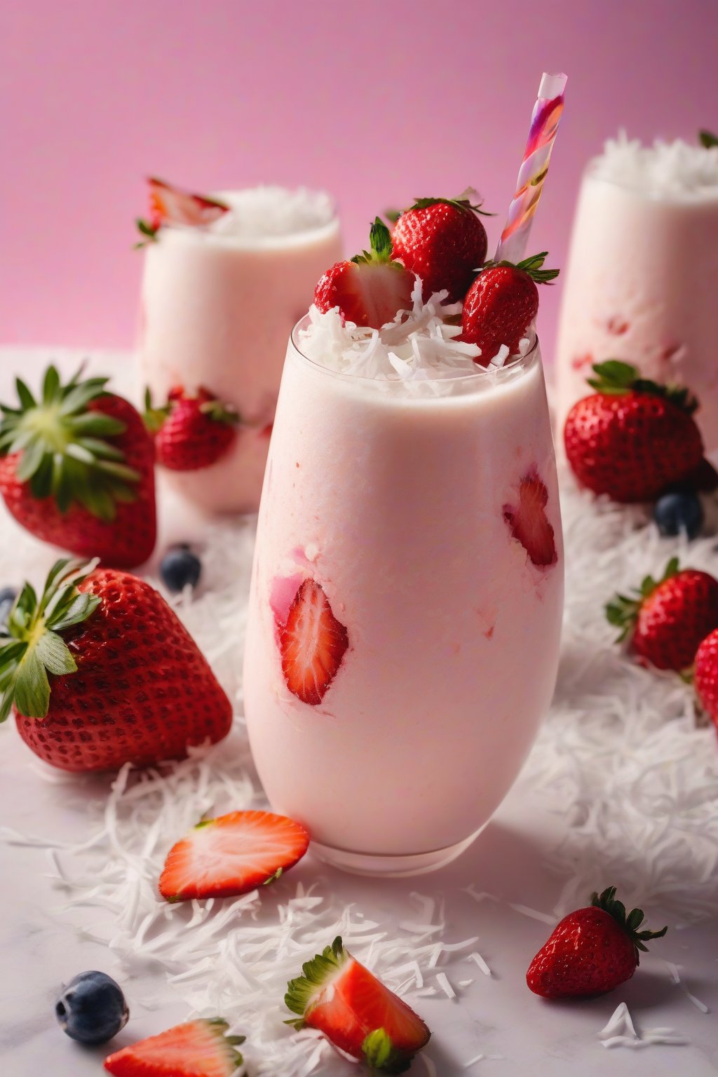 A high-resolution photo of a pink strawberry piña colada garnished with fresh berries and shredded coconut under soft lighting.