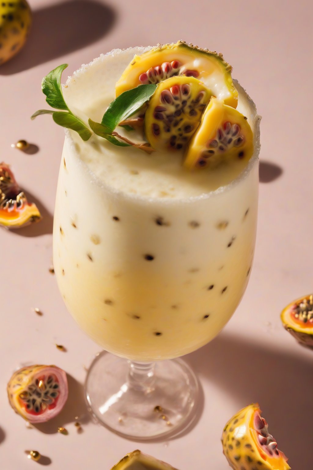 A high-resolution photo of a passionfruit piña colada with visible seeds floating in a frothy glass under soft lighting.