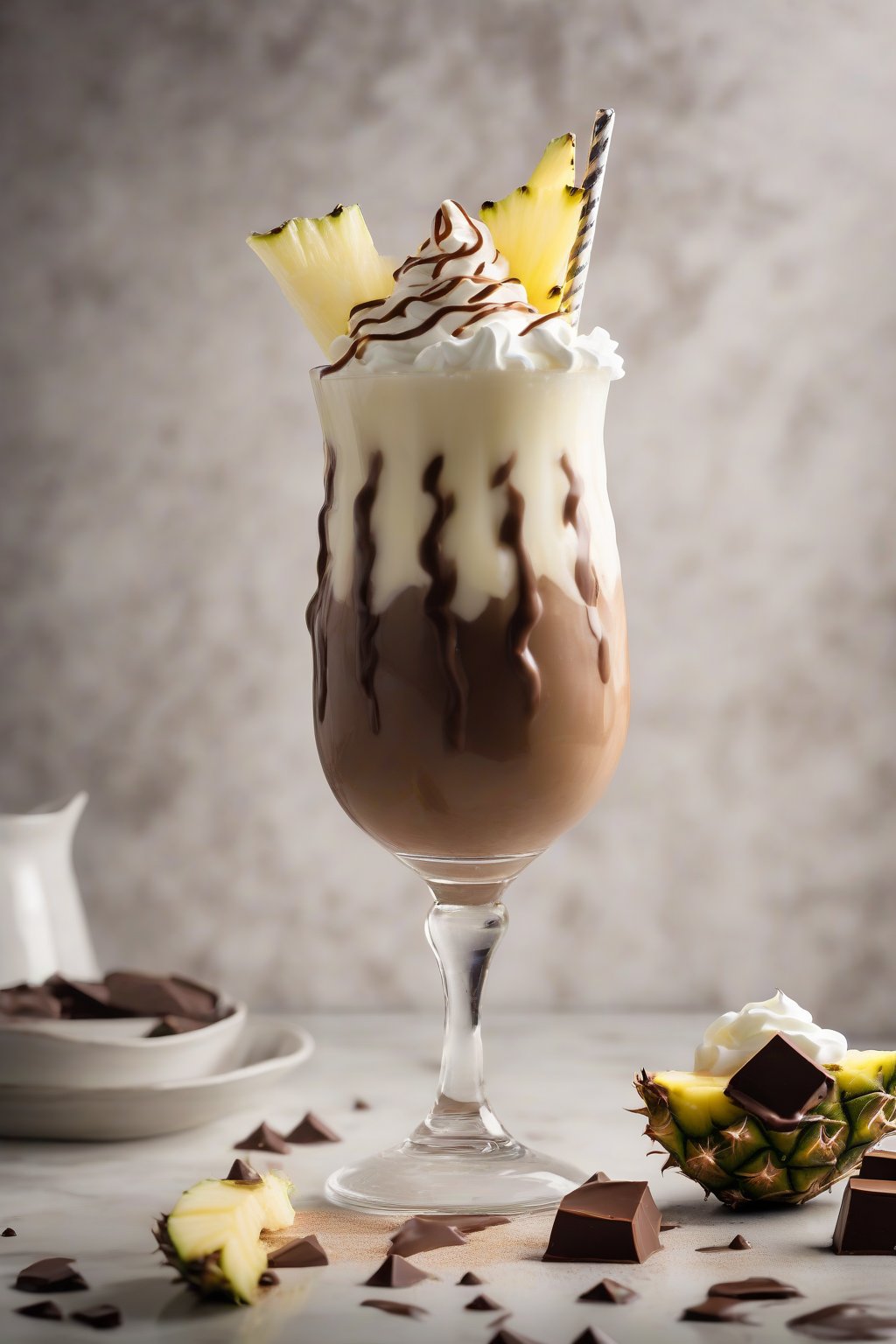 A high-resolution photo of a chocolate-drizzled piña colada topped with whipped cream in an elegant glass under soft lighting.