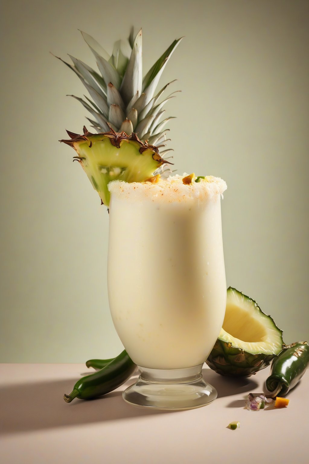 A high-resolution photo of a spicy piña colada with jalapeño slices on the rim, creamy texture under soft lighting.