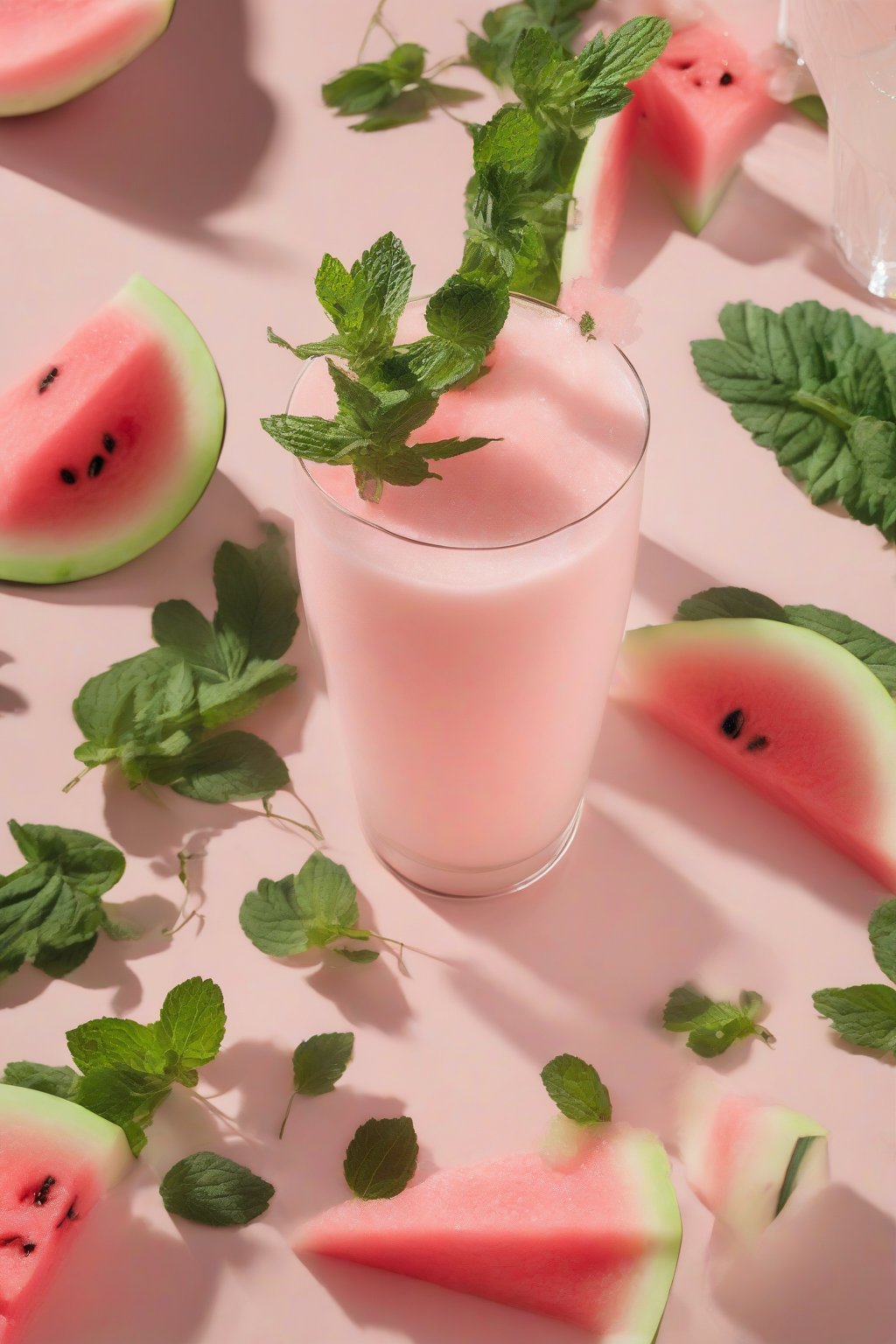 A high-resolution photo of a pale pink watermelon piña colada with mint leaves in a clear glass under soft lighting.