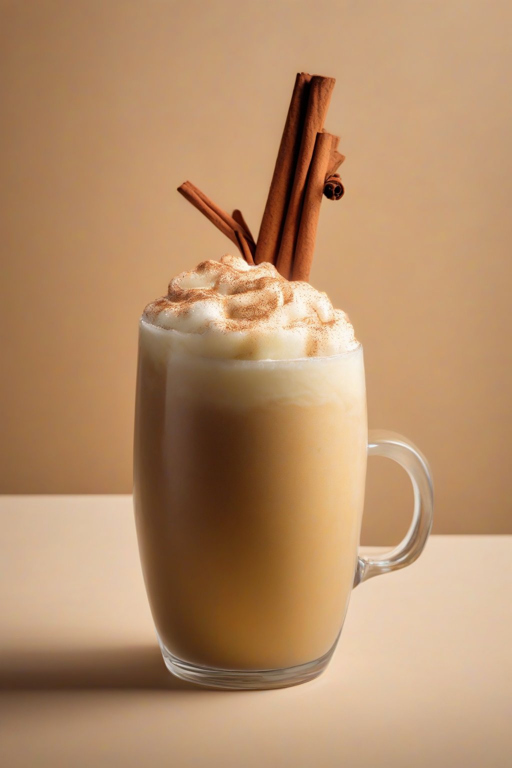 A high-resolution photo of a coffee-infused piña colada dusted with cinnamon in a mug-style glass under soft lighting.