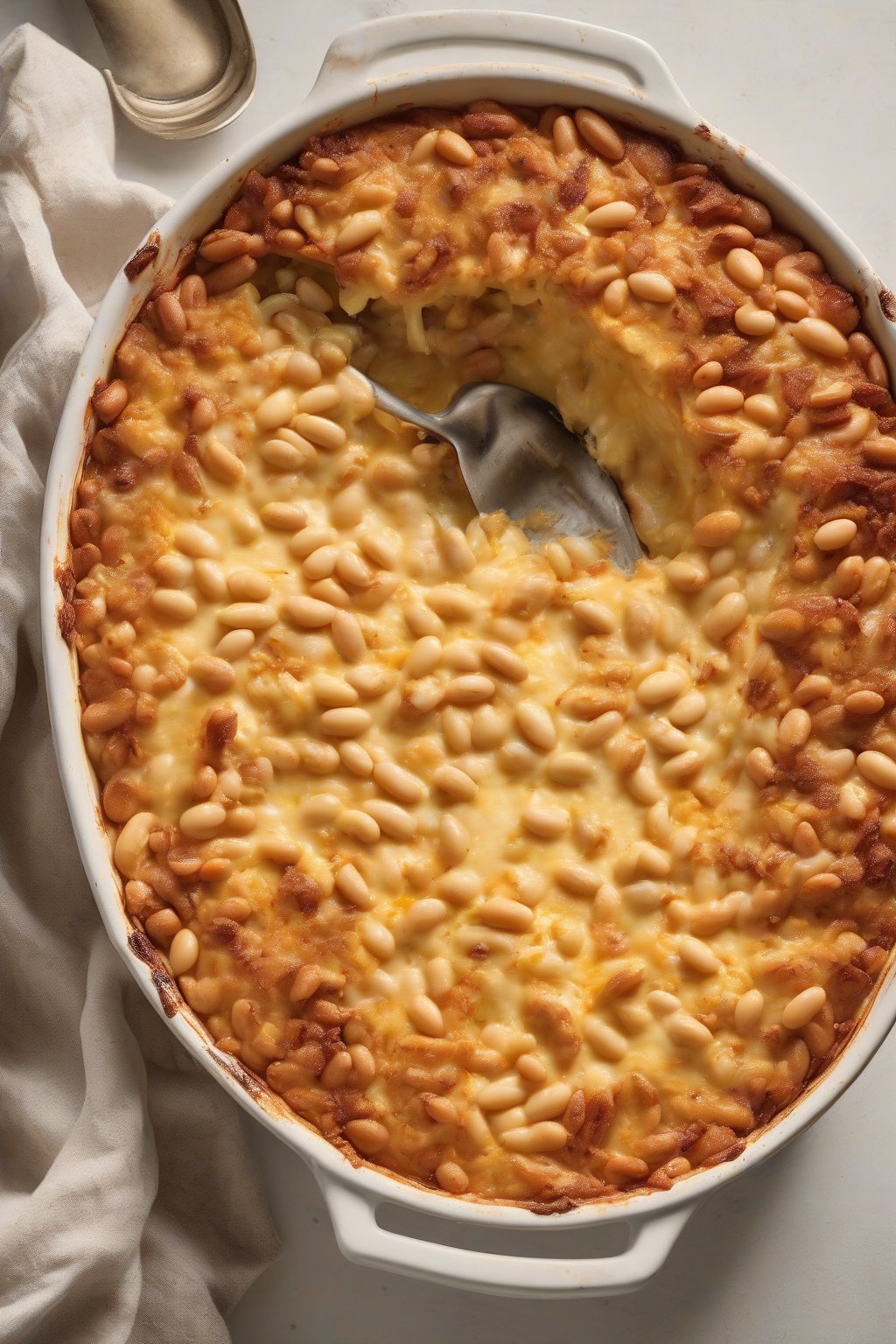 A high-resolution photo of a golden cheesy butter bean casserole fresh from the oven, with a scoop taken out, under soft lighting.