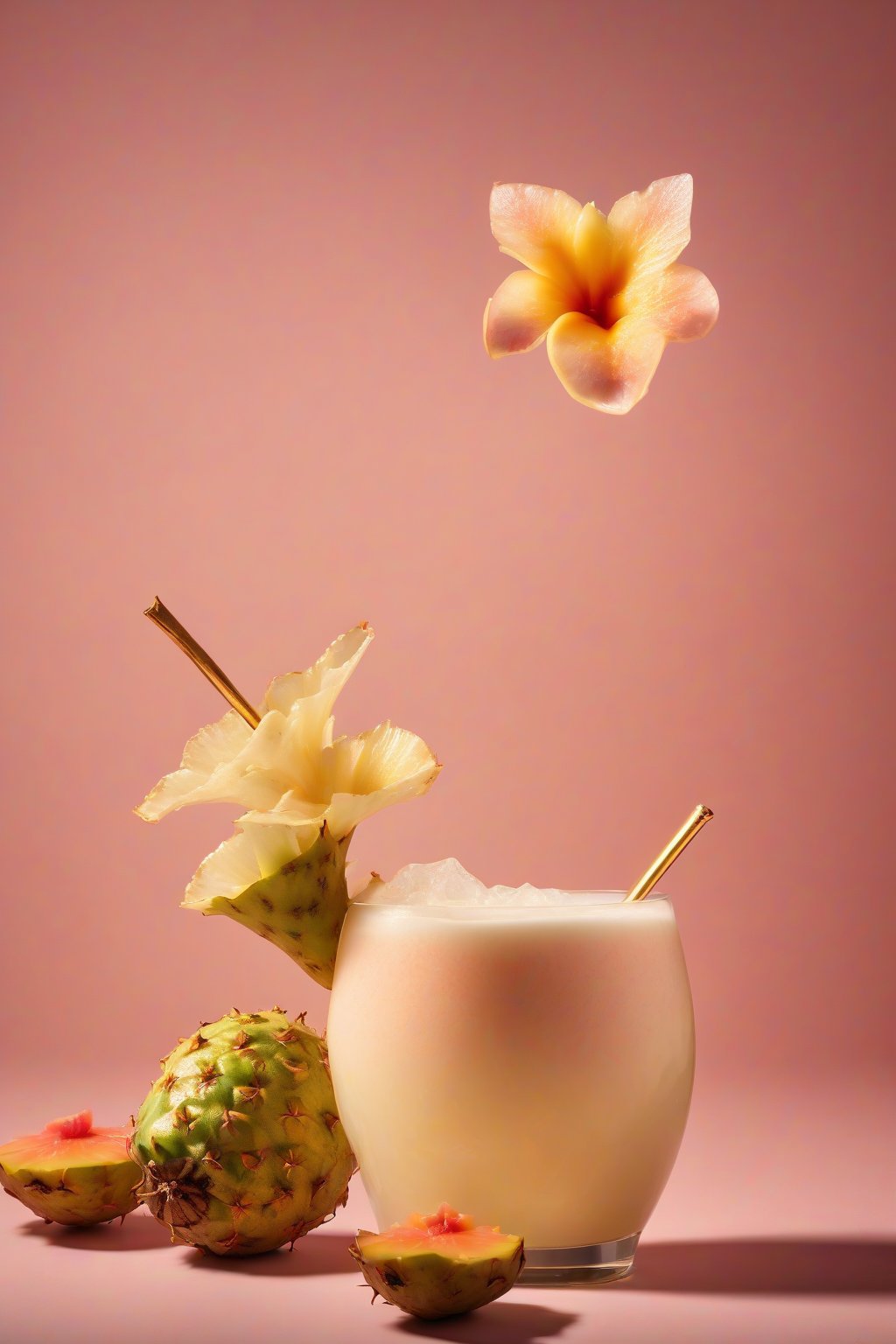 A high-resolution photo of a guava piña colada with a golden glow and tropical flower garnish under soft lighting.