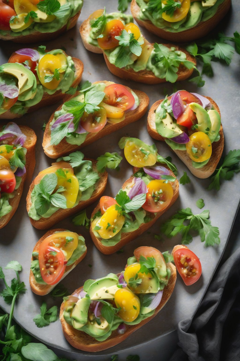 A high-resolution photo of bruschetta with creamy green avocado, rainbow heirloom tomato slices, and cilantro sprigs under soft lighting.