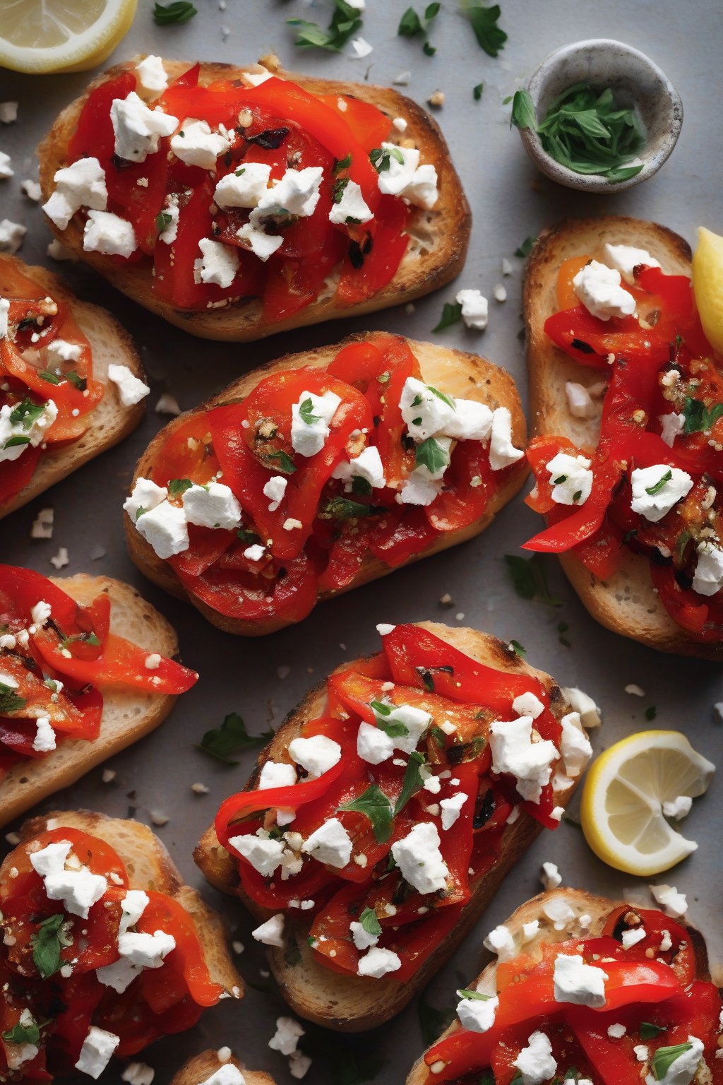 A high-resolution photo of bruschetta piled with charred red peppers, white feta crumbles, and lemon zest under soft lighting.