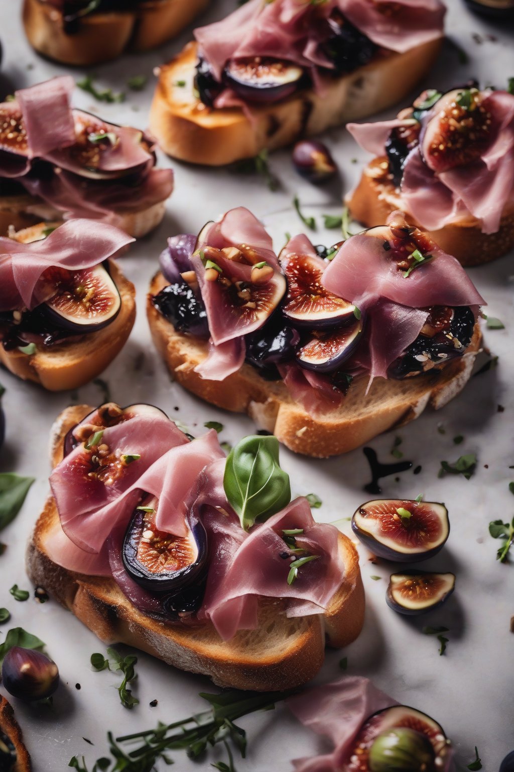 A high-resolution photo of bruschetta with glossy purple figs, pink prosciutto ribbons, and balsamic glaze under soft lighting.