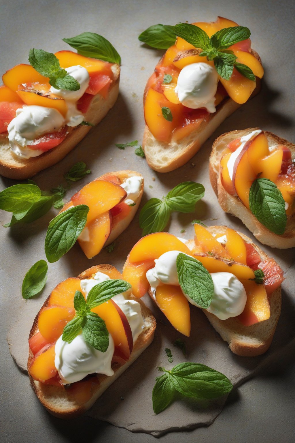 A high-resolution photo of bruschetta featuring juicy orange peach slices, creamy white burrata, and mint leaves under soft lighting.