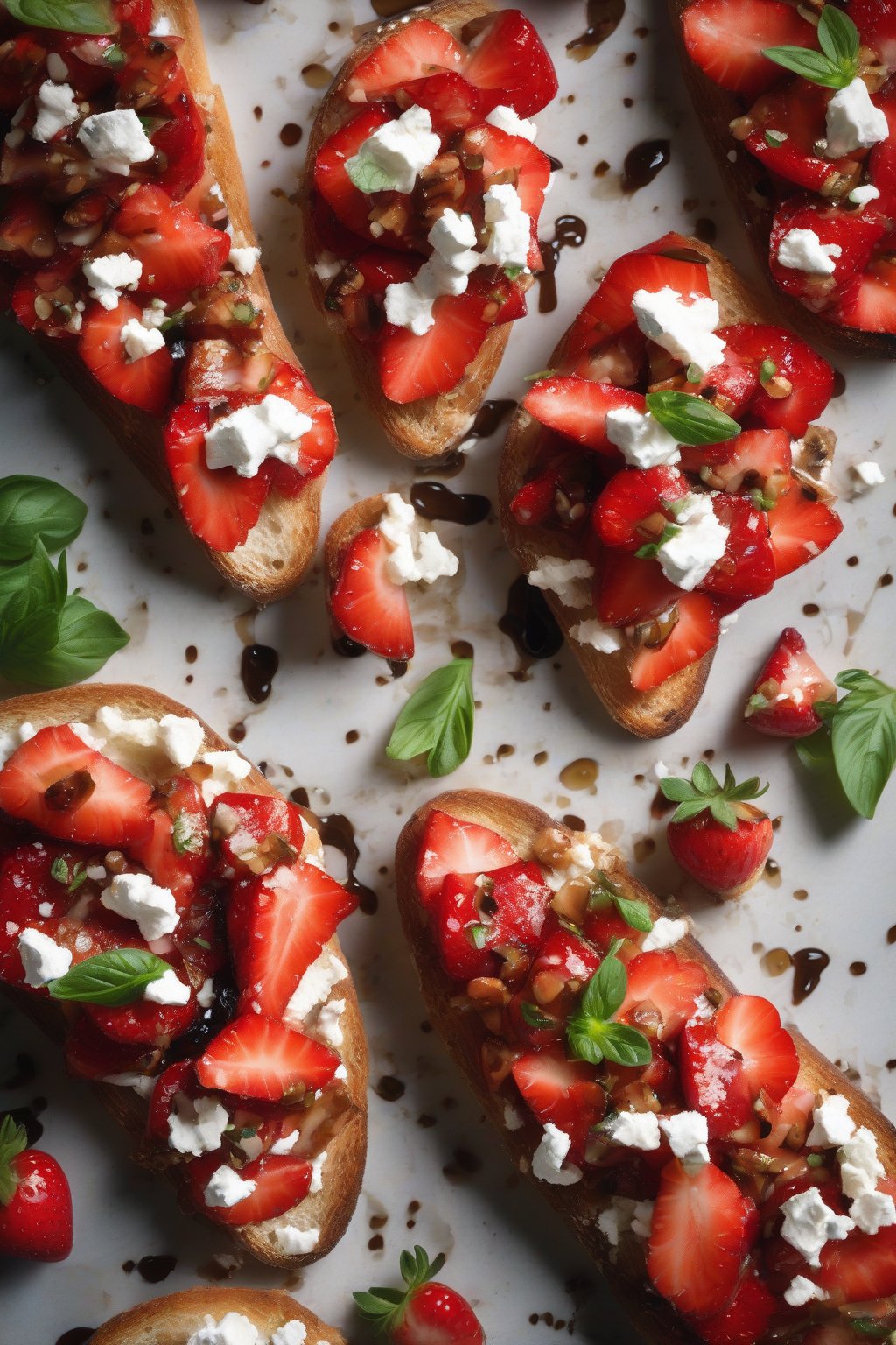 A high-resolution photo of bruschetta with bright red strawberries, crumbled goat cheese, and balsamic shine under soft lighting.