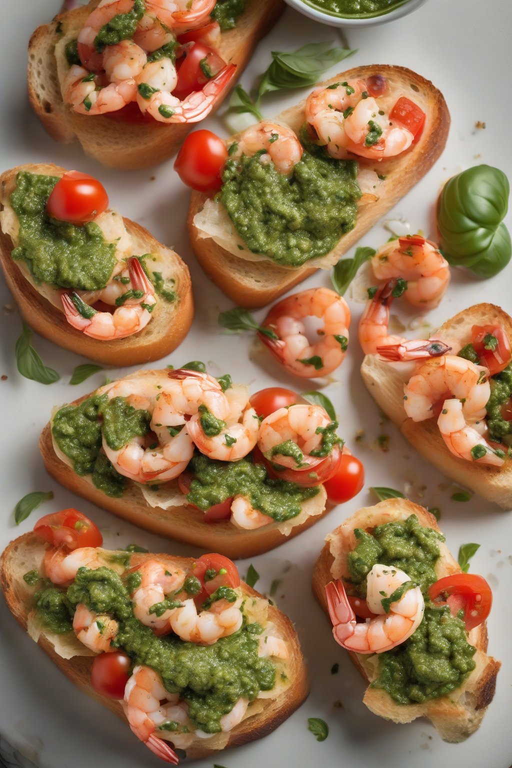 A high-resolution photo of bruschetta with pink shrimp, green pesto swirls, and tomato halves under soft lighting.