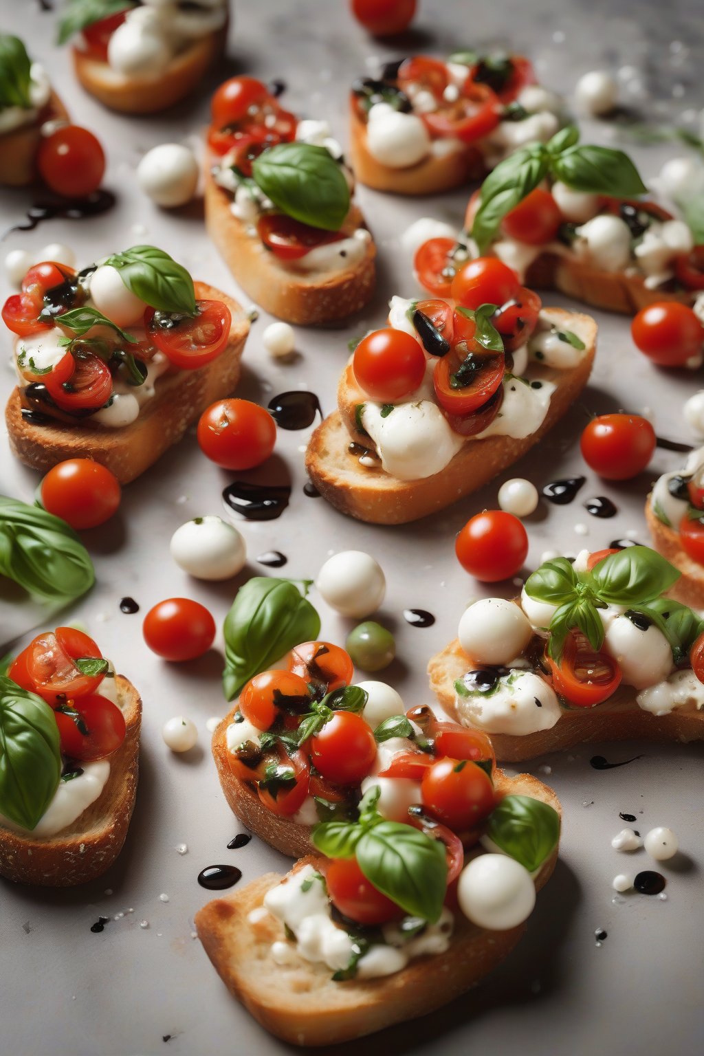 A high-resolution photo of bruschetta with mozzarella pearls, red tomatoes, green basil, and balsamic orbs under soft lighting.