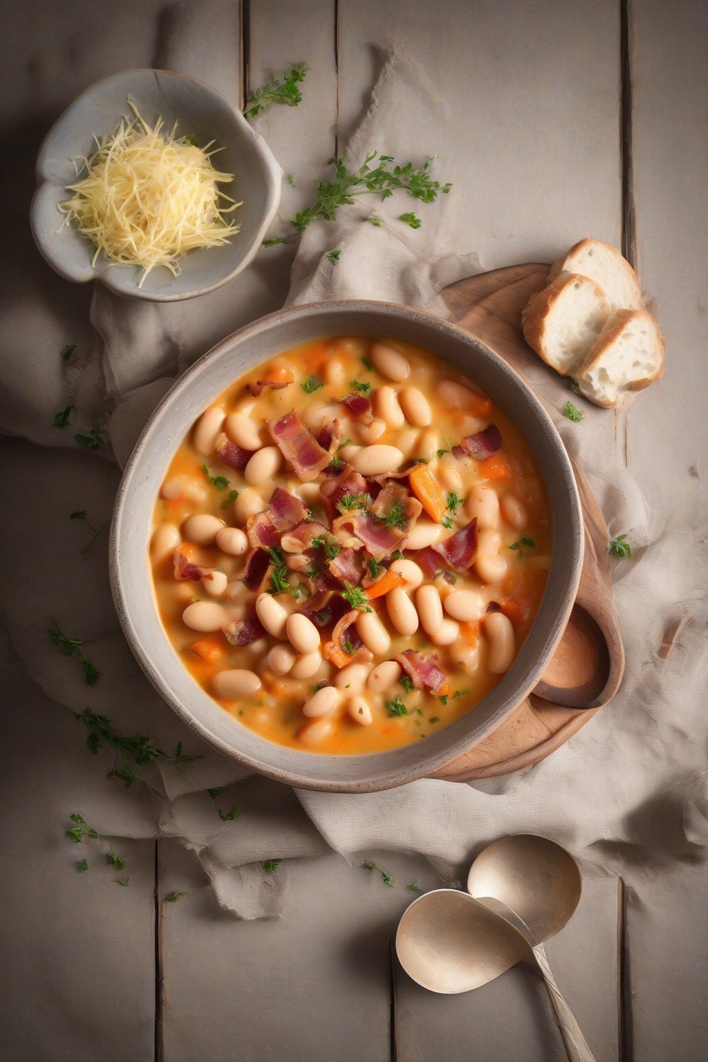 A high-resolution photo of a rustic bowl of creamy butter bean and bacon stew with chunks of carrot and bacon bits, under soft lighting.