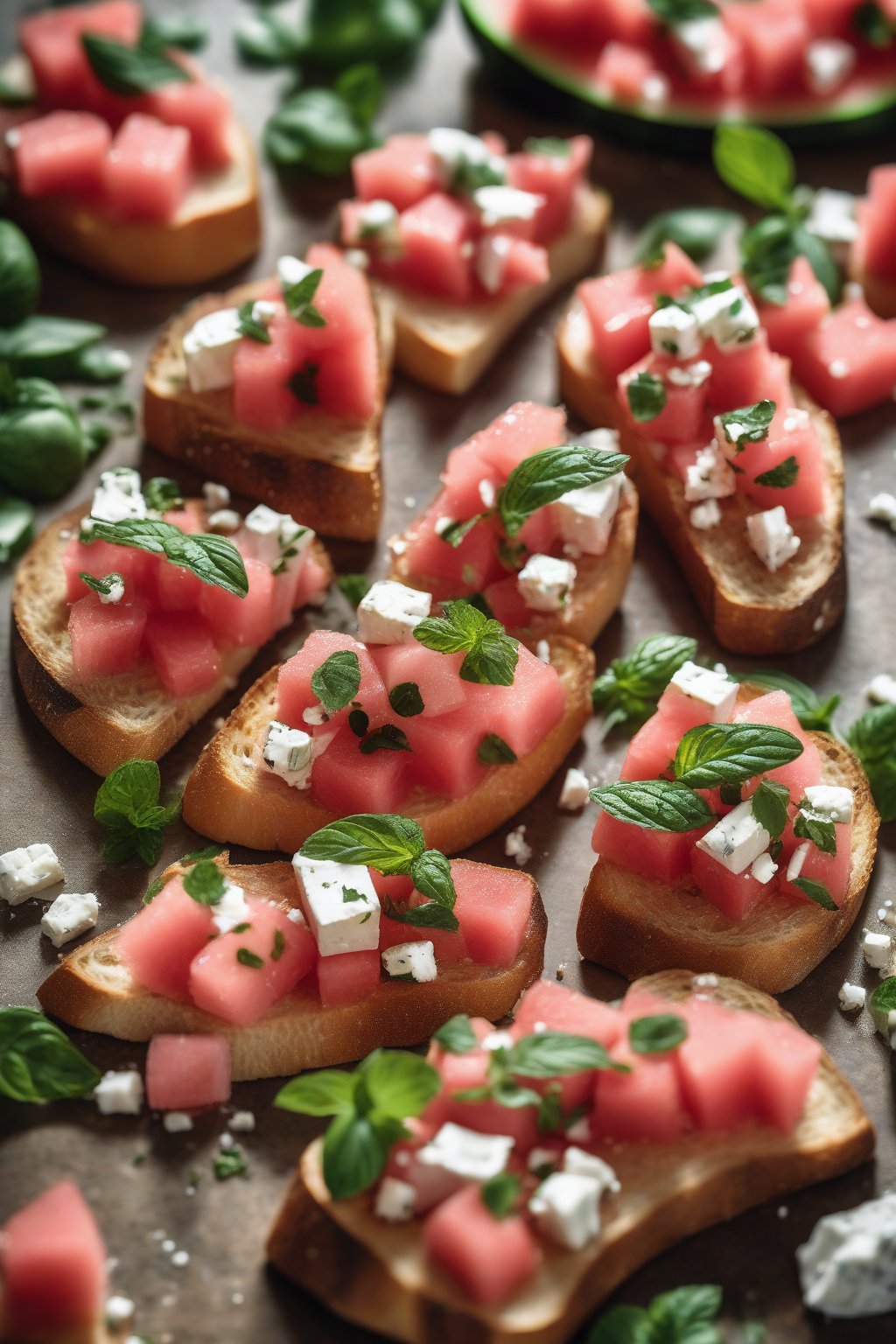 A high-resolution photo of bruschetta with pink watermelon cubes, white feta, and mint under soft lighting.
