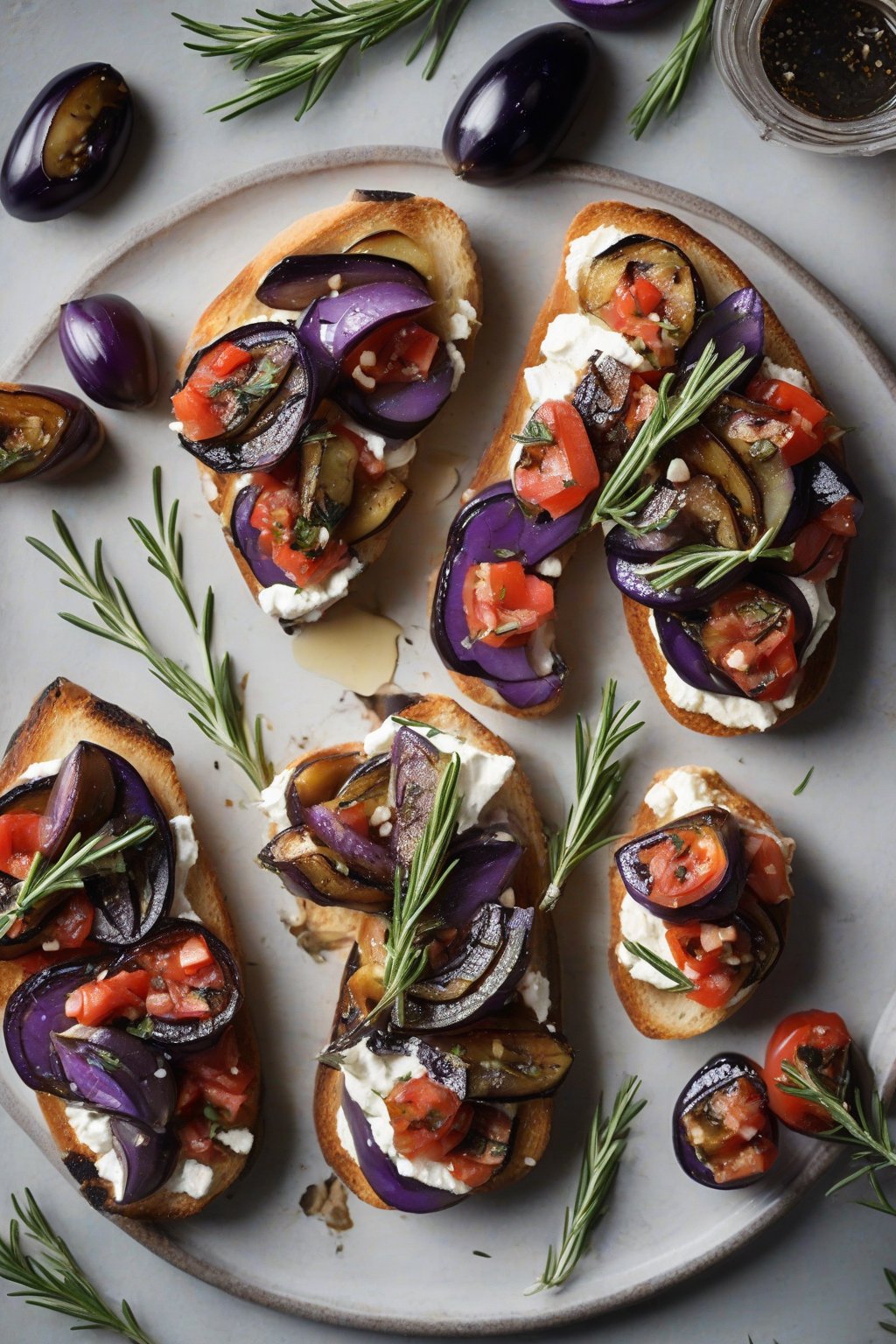 A high-resolution photo of bruschetta with charred purple eggplant slices, creamy ricotta, and rosemary under soft lighting.