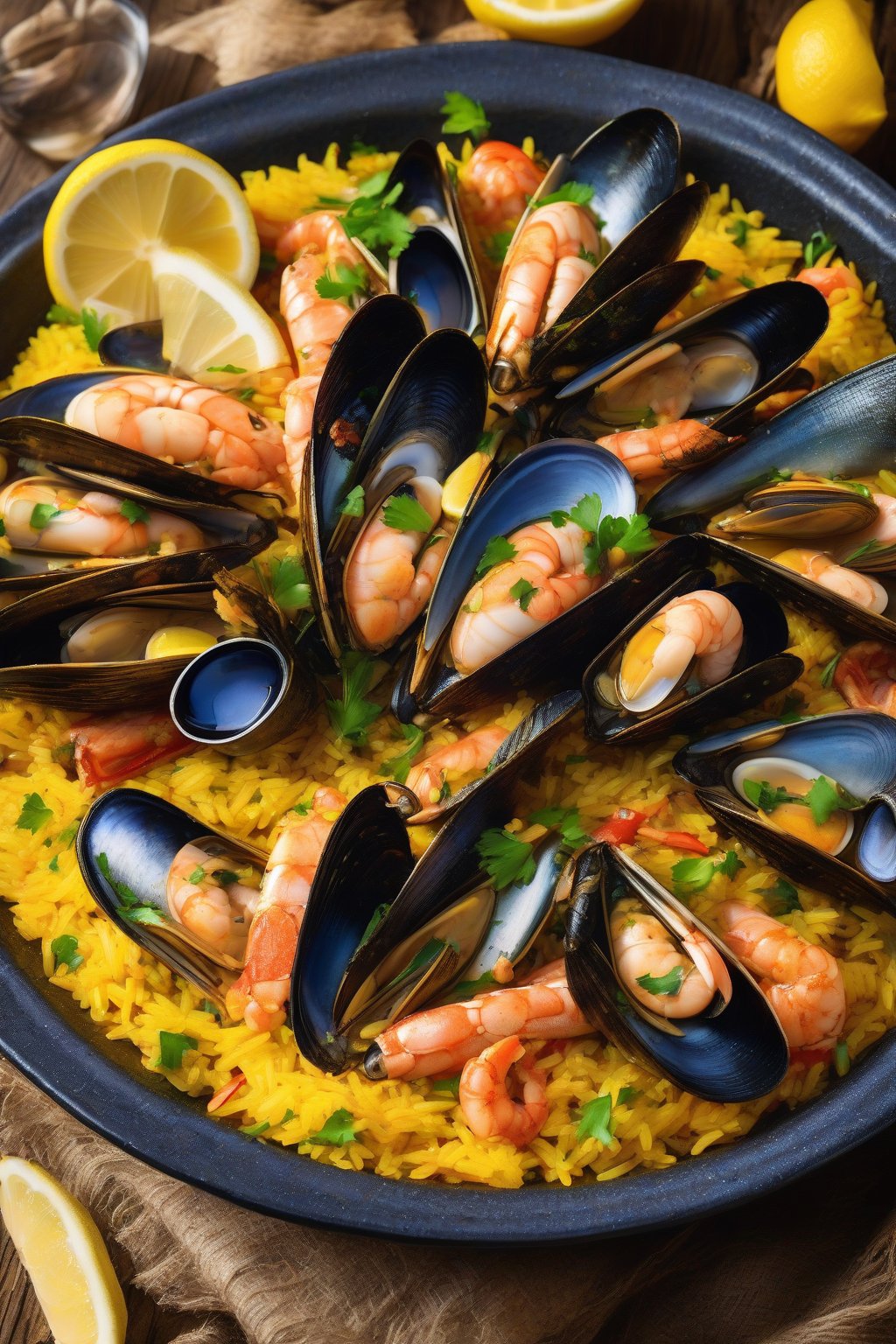 A high-resolution close-up photo of classic Spanish seafood paella with golden rice, open mussels, and bright lemon wedges under soft lighting.