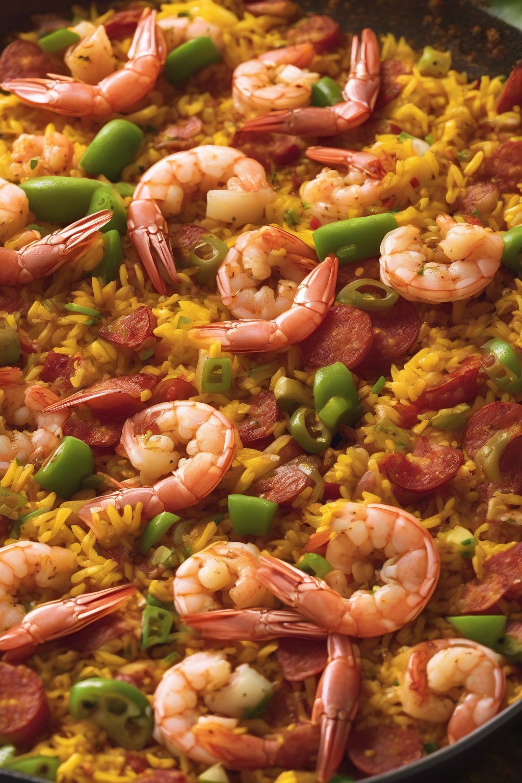 A high-resolution close-up photo of shrimp and chorizo paella fiesta with smoky slices, pink shrimp, and green peppers under soft lighting.