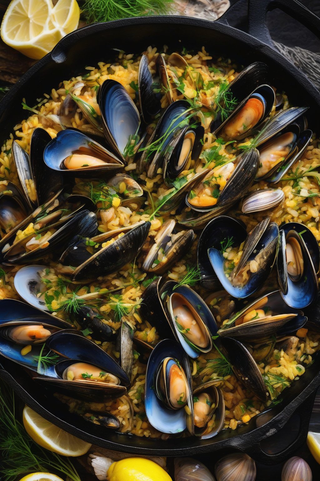 A high-resolution close-up photo of mussels and clams seafood paella with steaming shells, fennel fronds, and lemon zest under soft lighting.